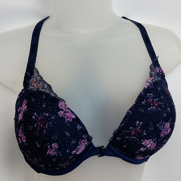 Navy and Pink VICTORIA SECRET PINK Floral Lace Bra(#1,432) - Picture 1 of 7